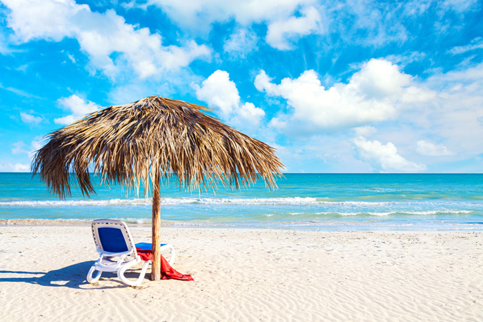 scenic shot of a beach chair and umbrella on a beach